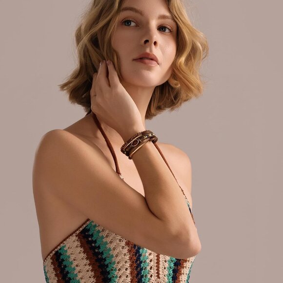 Leather Wrap Bracelet Crystal Beads Boho Cuff Stone Charm Adjustable - Picture 4 of 6